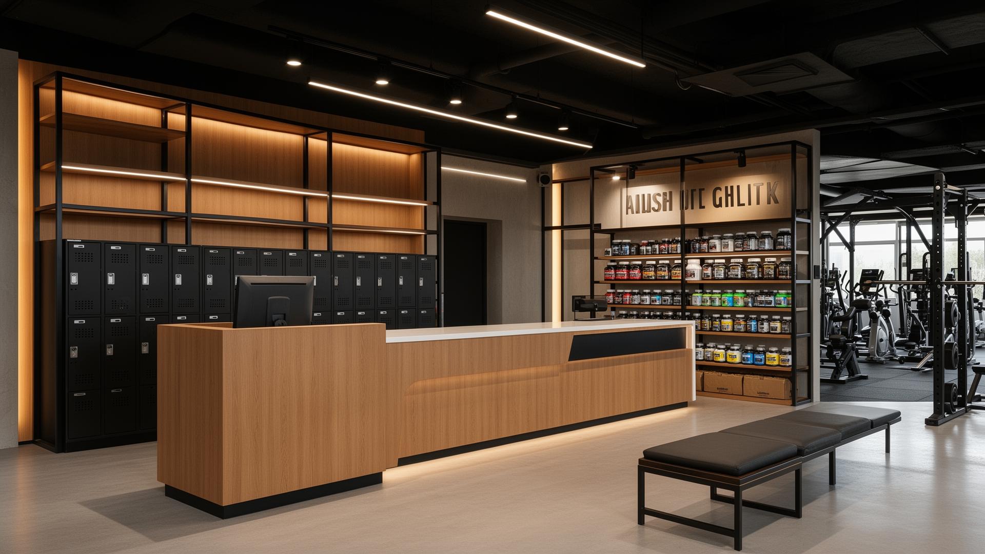 Recepção de academia com mobiliário planejado e lockers
